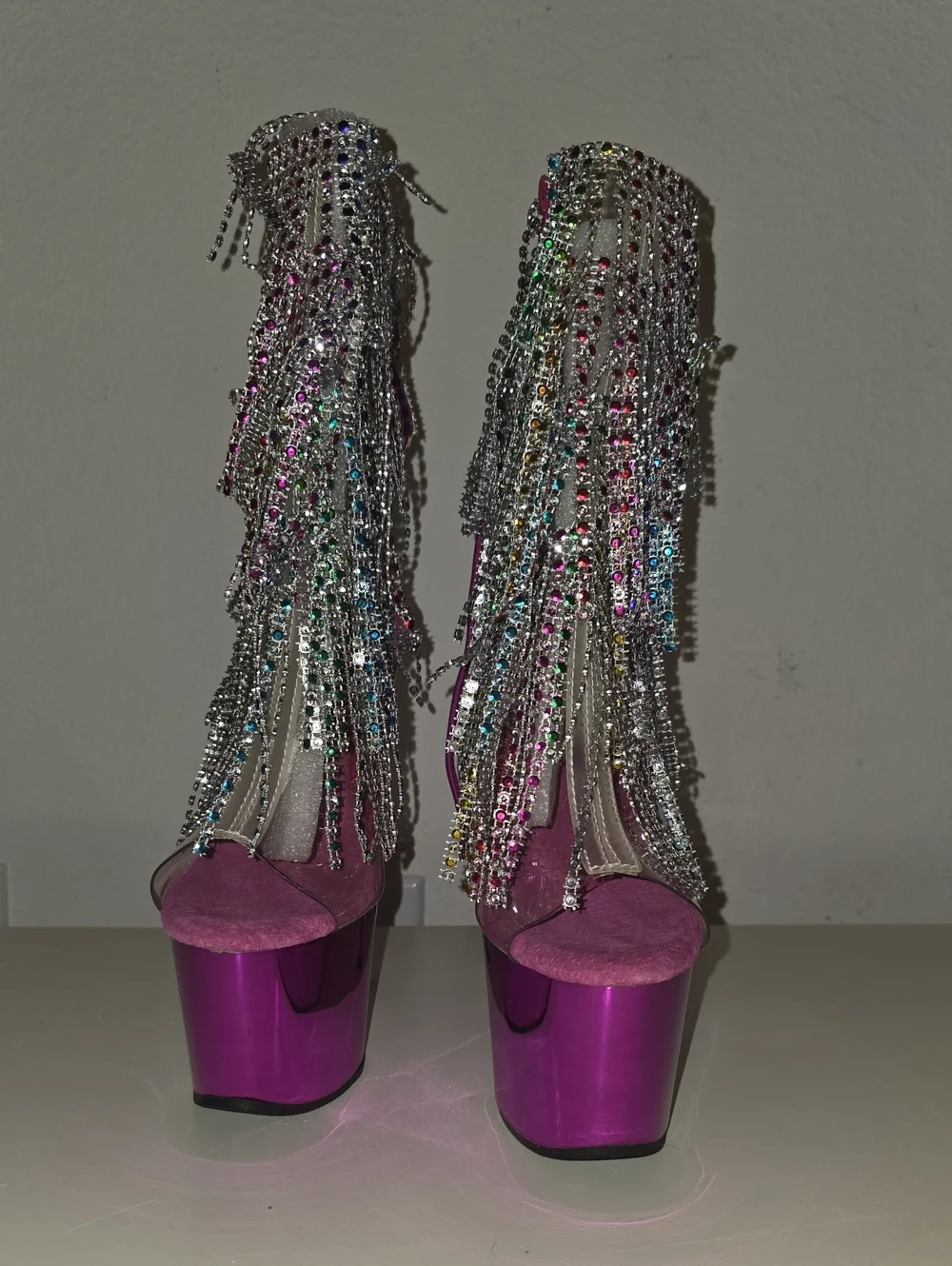 Pleasure Heels, NEVER WORN. Fuchsia Platform Fringe Rhinestone Heeled Sandals
